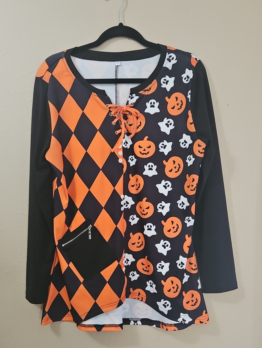 Halloween Harlequin Pumpkin & Ghost Costume Top - Black & Orange